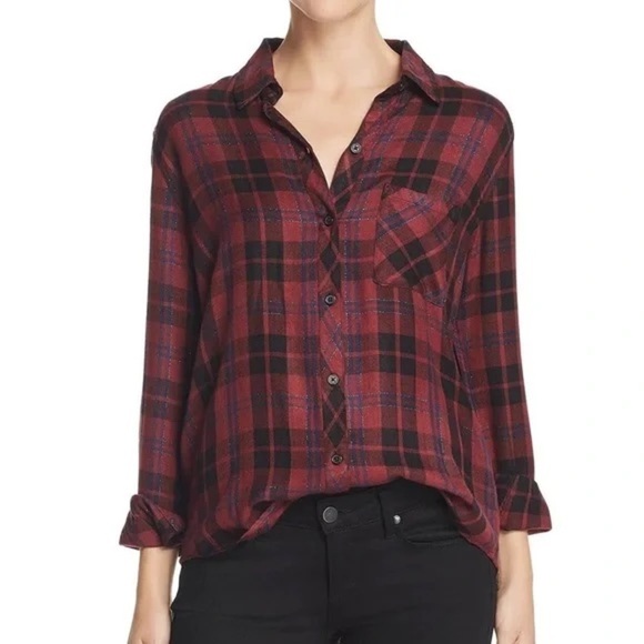 Rails Hunter Plaid Button Down Shirt Red Wine Size Small Top Sparkle Shimmer - Picture 7 of 7